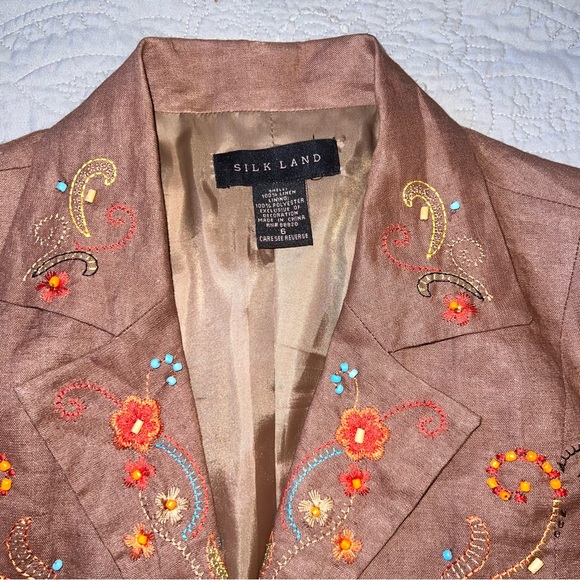 Silk Land Linen Beaded Embroidered Blazer Jacket size 6 Brown - Picture 3 of 11